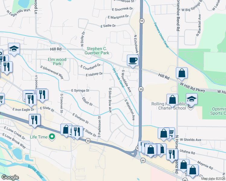 map of restaurants, bars, coffee shops, grocery stores, and more near 409 South Silver Bow Avenue in Eagle