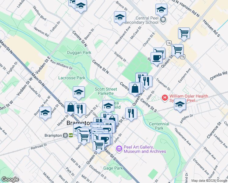 map of restaurants, bars, coffee shops, grocery stores, and more near 83 Church Street East in Brampton