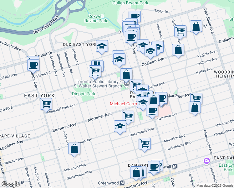 map of restaurants, bars, coffee shops, grocery stores, and more near 149 Memorial Park Avenue in Toronto