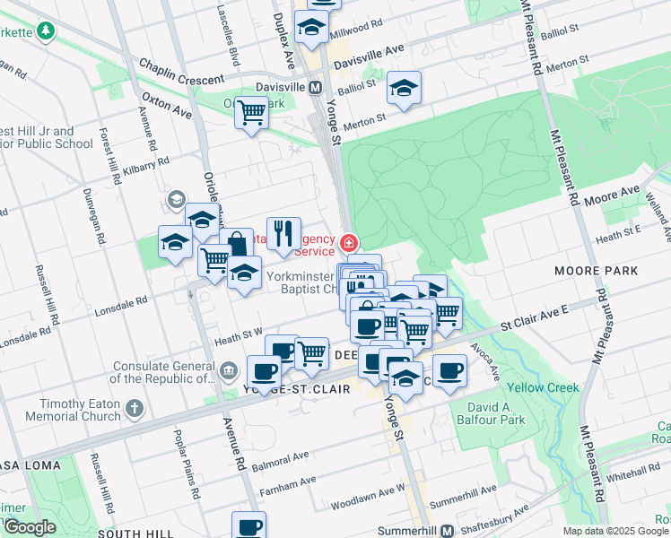 map of restaurants, bars, coffee shops, grocery stores, and more near 4 Oriole Gardens in Toronto