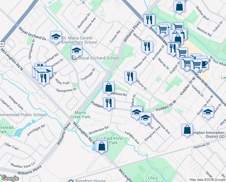 map of restaurants, bars, coffee shops, grocery stores, and more near 122 Martindale Crescent in Brampton