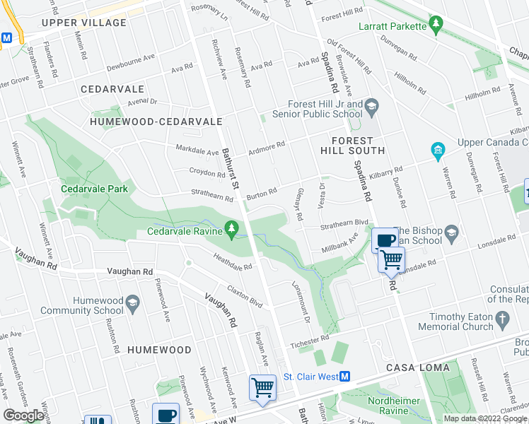 map of restaurants, bars, coffee shops, grocery stores, and more near 12 Ridgewood Road in Toronto