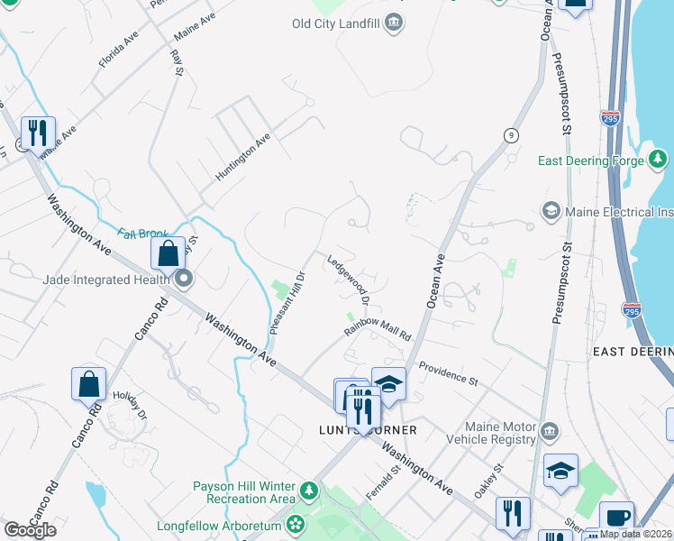 map of restaurants, bars, coffee shops, grocery stores, and more near 9 Fieldstone Court in Portland