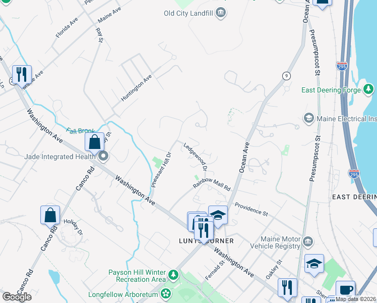 map of restaurants, bars, coffee shops, grocery stores, and more near 9 Fieldstone Court in Portland