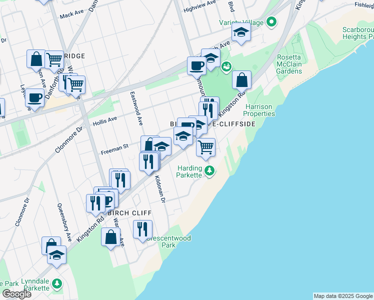map of restaurants, bars, coffee shops, grocery stores, and more near in Toronto