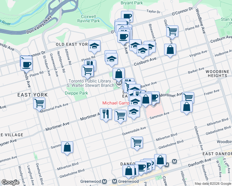 map of restaurants, bars, coffee shops, grocery stores, and more near in Toronto