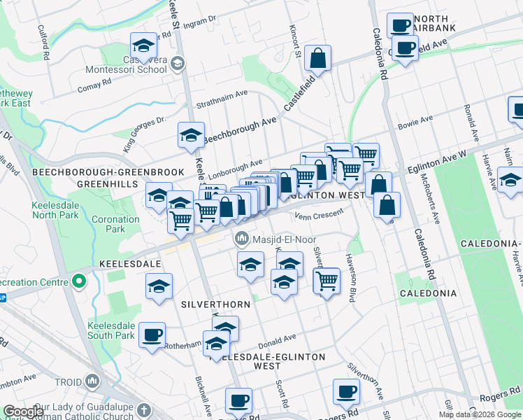 map of restaurants, bars, coffee shops, grocery stores, and more near in Toronto