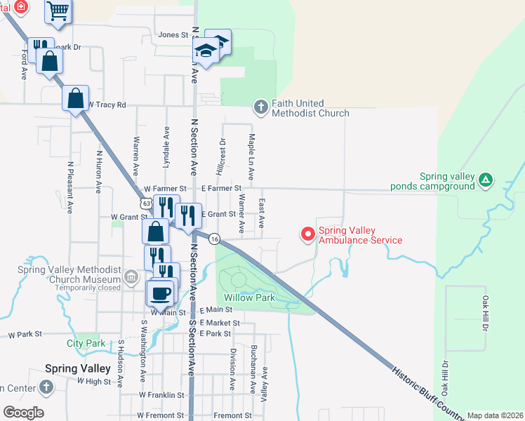 map of restaurants, bars, coffee shops, grocery stores, and more near 412 East Ave in Spring Valley