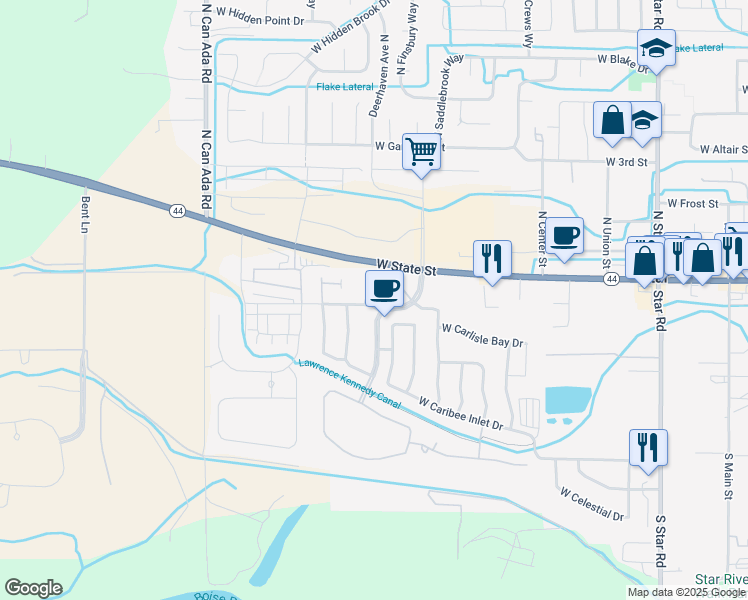 map of restaurants, bars, coffee shops, grocery stores, and more near 109 South Highbrook Way in Star
