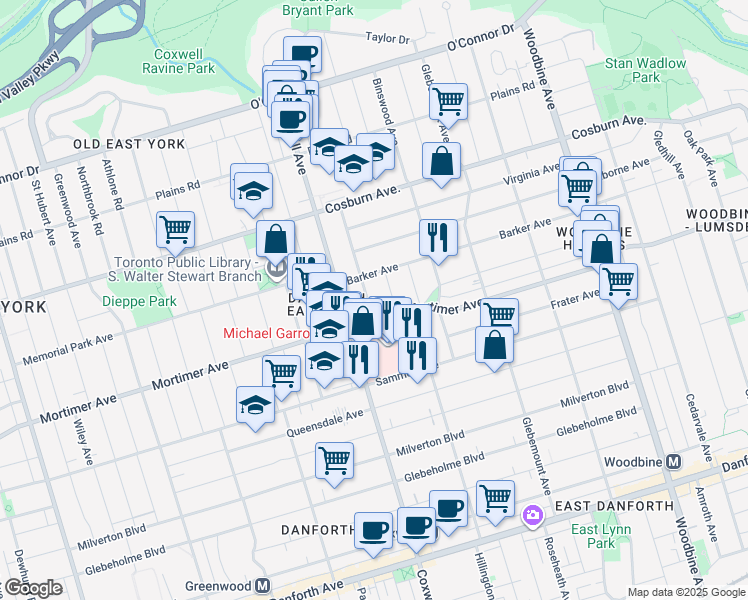 map of restaurants, bars, coffee shops, grocery stores, and more near 11 Fairside Avenue in Toronto