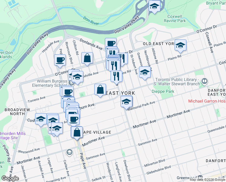 map of restaurants, bars, coffee shops, grocery stores, and more near 261 Gamble Avenue in Toronto