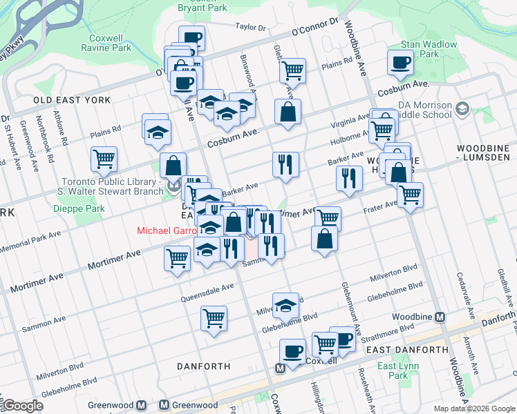 map of restaurants, bars, coffee shops, grocery stores, and more near in Toronto