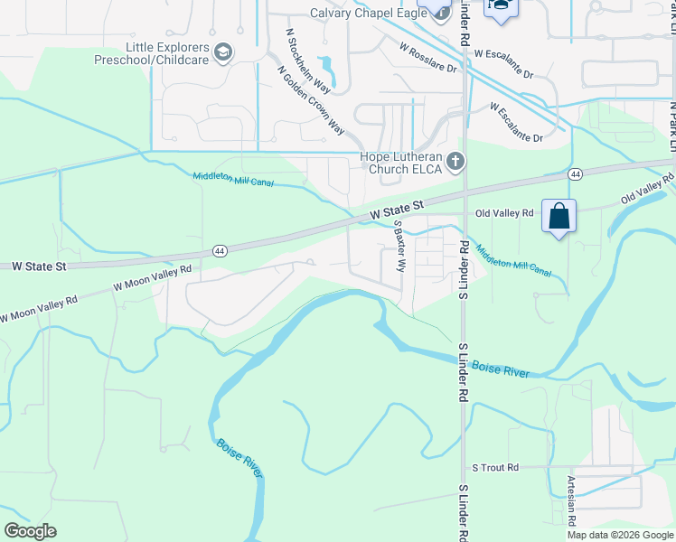 map of restaurants, bars, coffee shops, grocery stores, and more near 5335 West State Street in Eagle