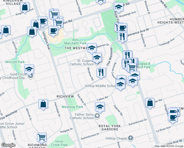 map of restaurants, bars, coffee shops, grocery stores, and more near 16 Westroyal Road in Toronto