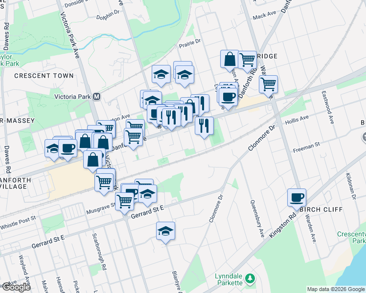 map of restaurants, bars, coffee shops, grocery stores, and more near 5 Elward Boulevard in Toronto
