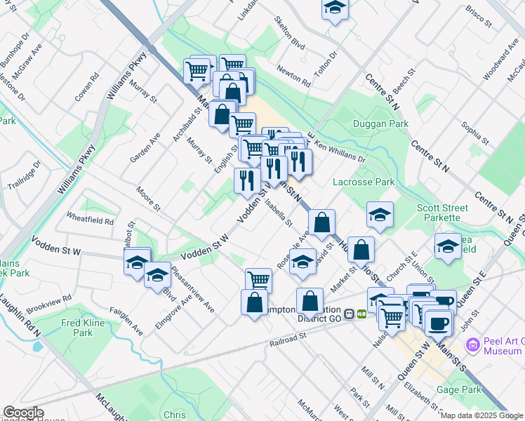 map of restaurants, bars, coffee shops, grocery stores, and more near 341 Main Street North in Brampton