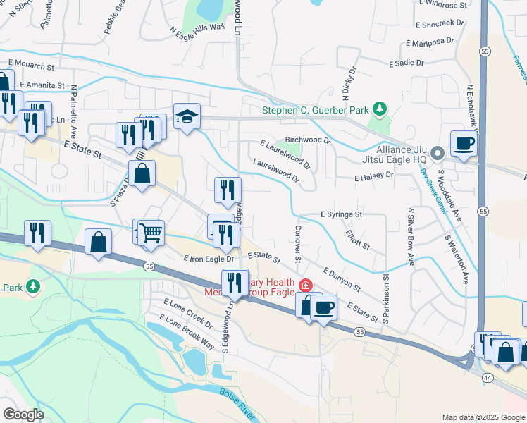 map of restaurants, bars, coffee shops, grocery stores, and more near 1719 East Bishop Way in Eagle