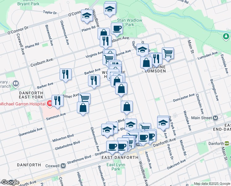 map of restaurants, bars, coffee shops, grocery stores, and more near in Toronto