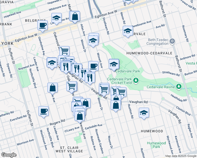 map of restaurants, bars, coffee shops, grocery stores, and more near 529 Winona Drive in Toronto