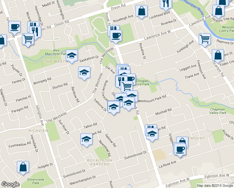 map of restaurants, bars, coffee shops, grocery stores, and more near in Toronto
