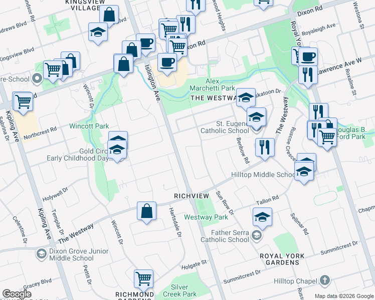 map of restaurants, bars, coffee shops, grocery stores, and more near 34 Rowse Crescent in Toronto