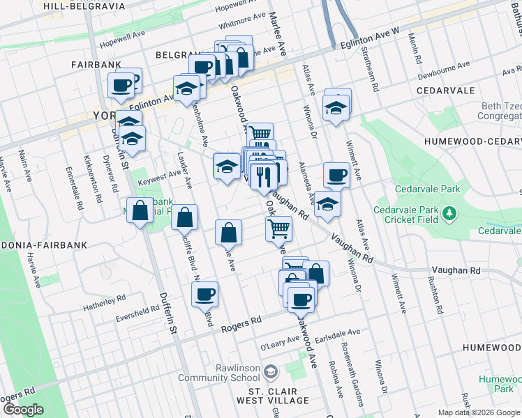 map of restaurants, bars, coffee shops, grocery stores, and more near 2 Amherst Avenue in Toronto
