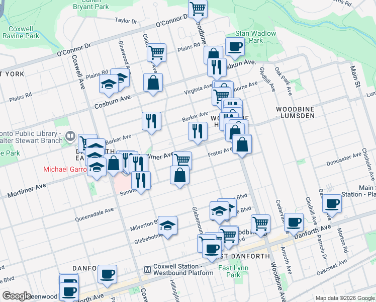 map of restaurants, bars, coffee shops, grocery stores, and more near 641 Mortimer Avenue in Toronto