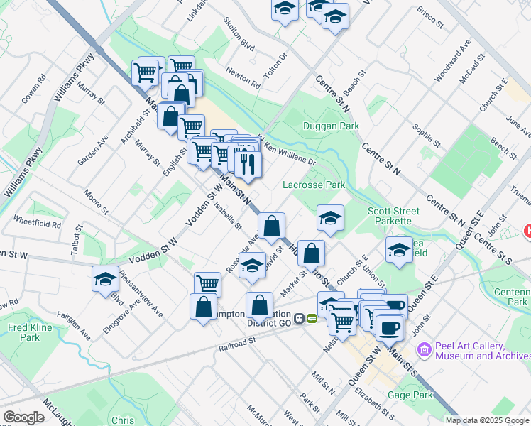 map of restaurants, bars, coffee shops, grocery stores, and more near in Brampton