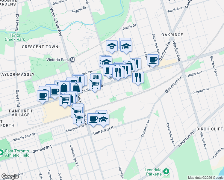map of restaurants, bars, coffee shops, grocery stores, and more near 19 Kenworthy Avenue in Toronto