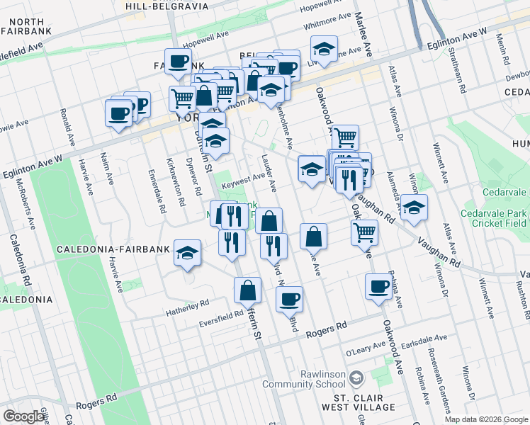 map of restaurants, bars, coffee shops, grocery stores, and more near in Toronto
