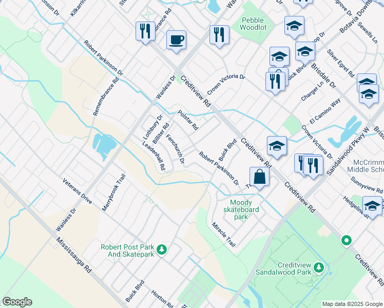 map of restaurants, bars, coffee shops, grocery stores, and more near 3 Allium Road in Brampton