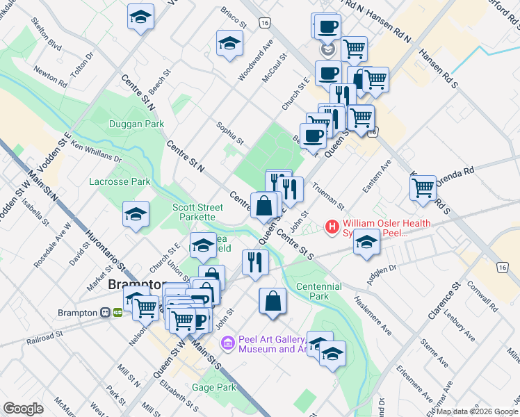 map of restaurants, bars, coffee shops, grocery stores, and more near 16 Centre Street North in Brampton