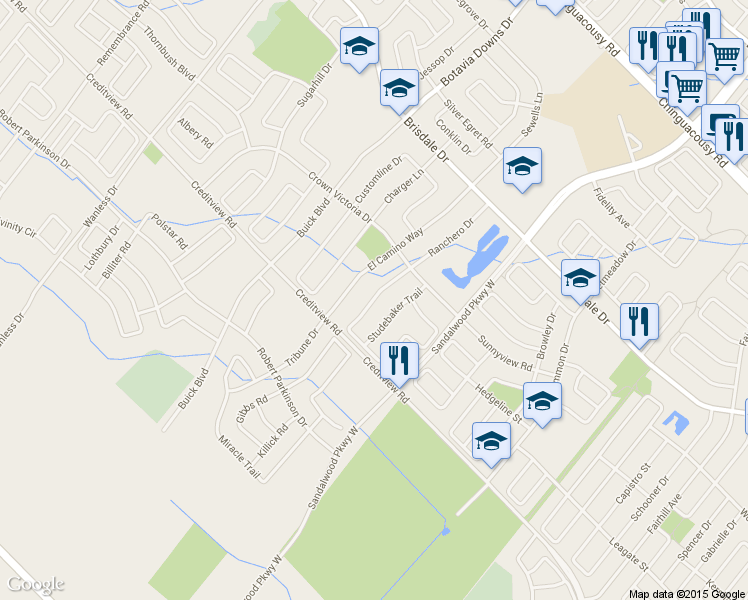 map of restaurants, bars, coffee shops, grocery stores, and more near 45 Roadmaster Lane in Brampton
