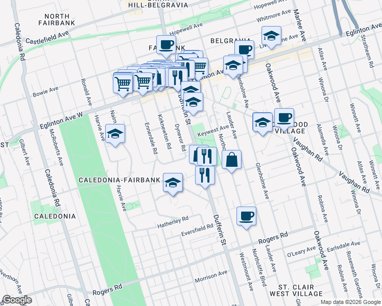 map of restaurants, bars, coffee shops, grocery stores, and more near 65 Dynevor Road in Toronto