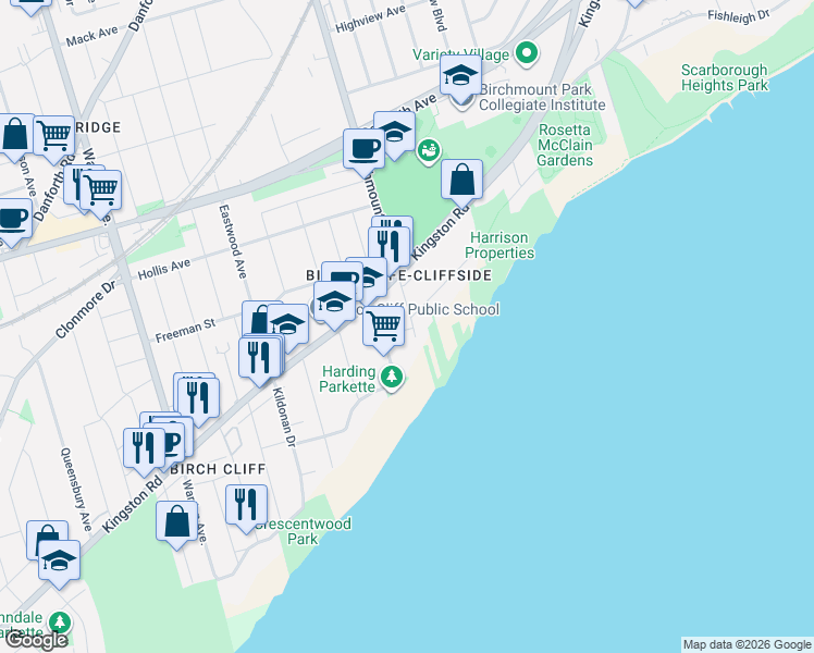 map of restaurants, bars, coffee shops, grocery stores, and more near in Toronto
