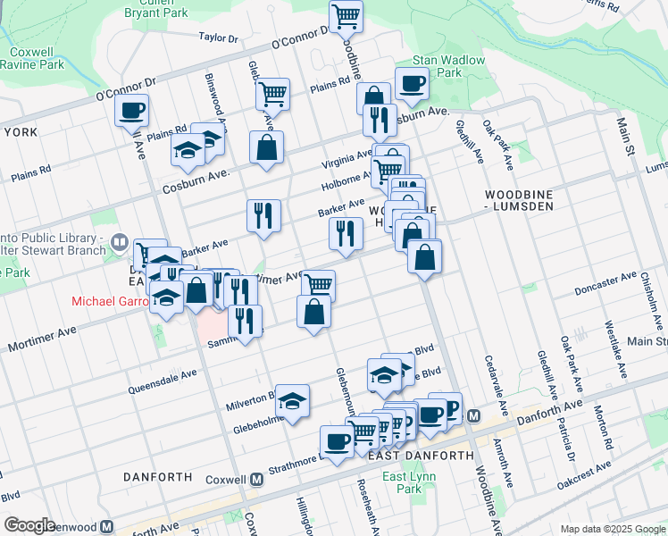 map of restaurants, bars, coffee shops, grocery stores, and more near in Toronto