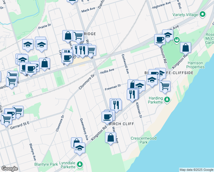 map of restaurants, bars, coffee shops, grocery stores, and more near 114 Dunington Drive in Toronto