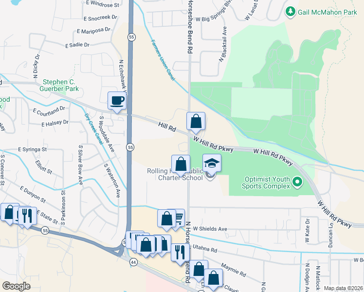 map of restaurants, bars, coffee shops, grocery stores, and more near 9605 North Horseshoe Bend Road in Boise