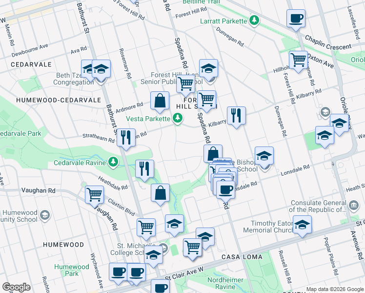 map of restaurants, bars, coffee shops, grocery stores, and more near 29 Delavan Avenue in Toronto