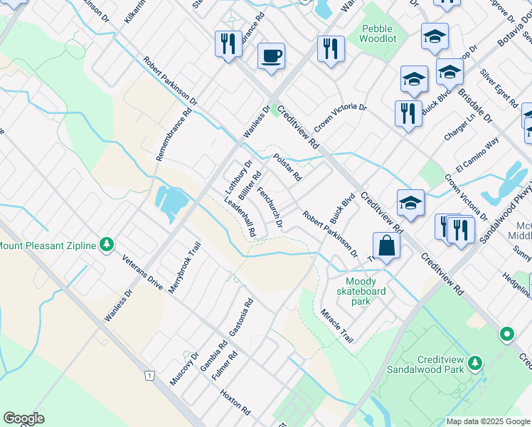 map of restaurants, bars, coffee shops, grocery stores, and more near 60 Fenchurch Drive in Brampton