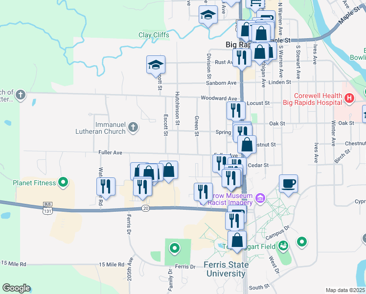 map of restaurants, bars, coffee shops, grocery stores, and more near 613 Hutchinson Street in Big Rapids