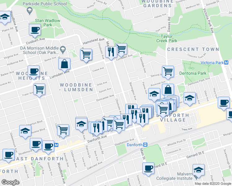 map of restaurants, bars, coffee shops, grocery stores, and more near in Toronto