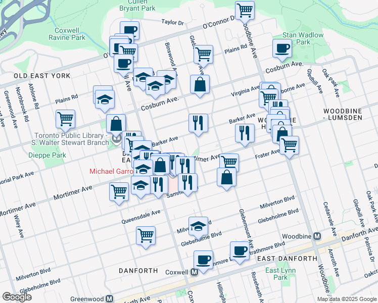 map of restaurants, bars, coffee shops, grocery stores, and more near in Toronto