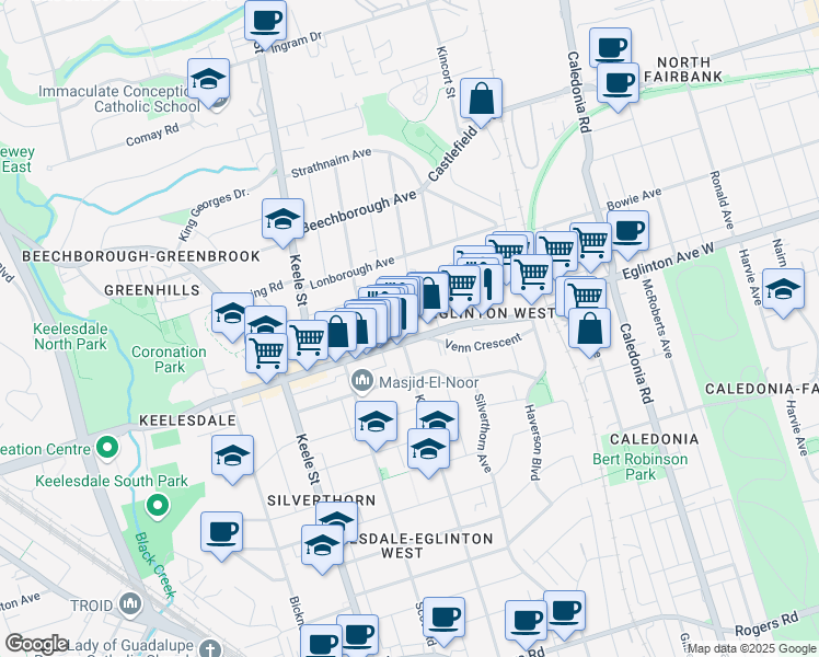 map of restaurants, bars, coffee shops, grocery stores, and more near in Toronto