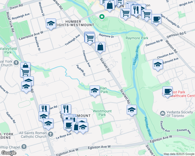 map of restaurants, bars, coffee shops, grocery stores, and more near in Toronto