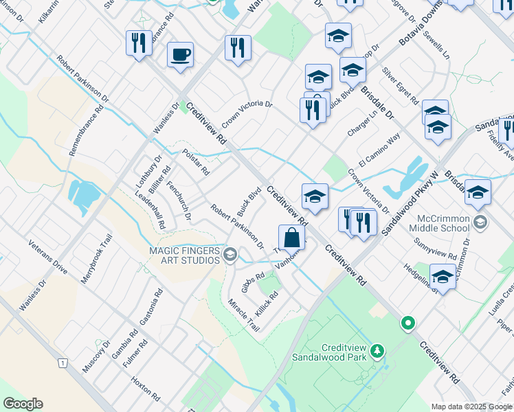 map of restaurants, bars, coffee shops, grocery stores, and more near 125 Buick Boulevard in Brampton