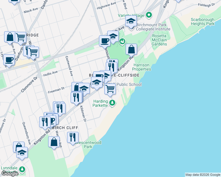 map of restaurants, bars, coffee shops, grocery stores, and more near 65 Harding Boulevard in Toronto
