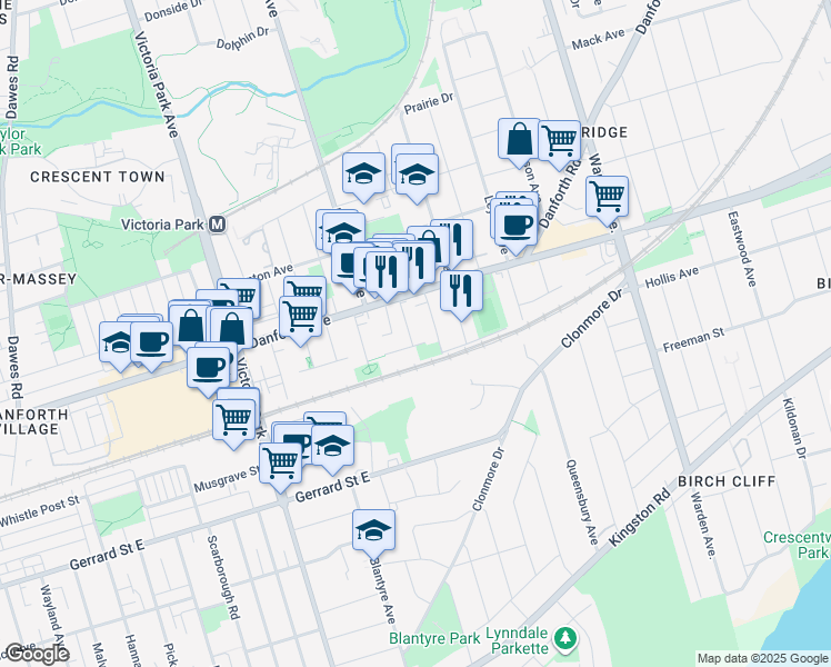 map of restaurants, bars, coffee shops, grocery stores, and more near 5 Elward Boulevard in Toronto