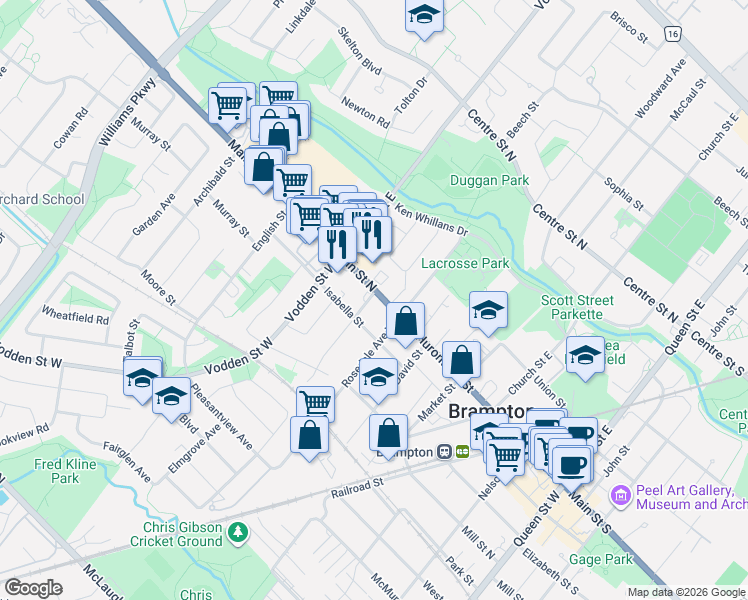 map of restaurants, bars, coffee shops, grocery stores, and more near 281 Main Street North in Brampton