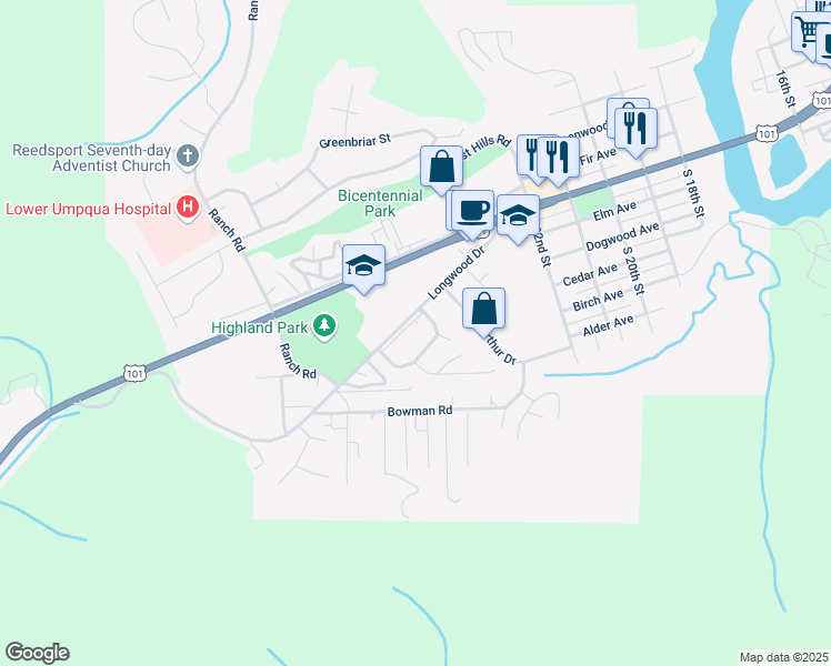 map of restaurants, bars, coffee shops, grocery stores, and more near 2632 Longwood Drive in Reedsport